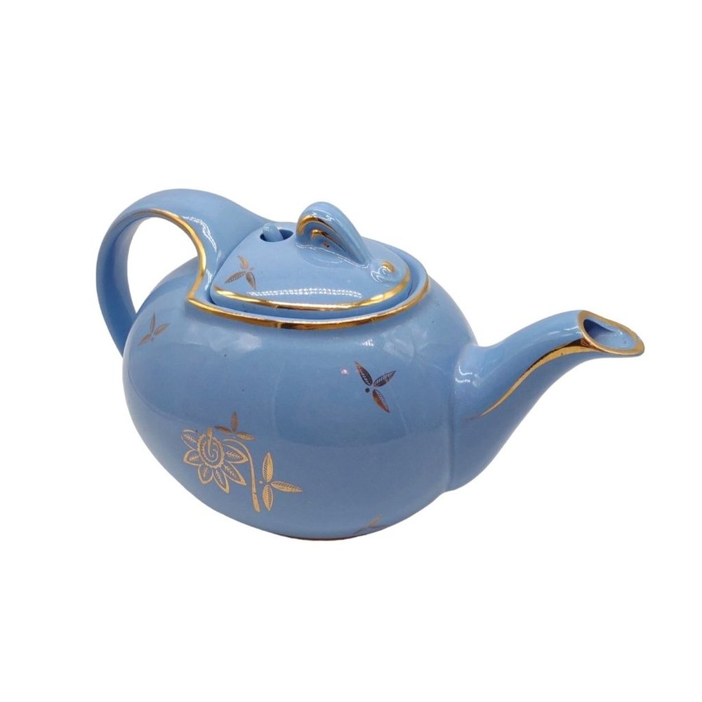 Tea Pot Hall Cadet Blue 1940s Hooked Lid Gold Trim 6 Cup